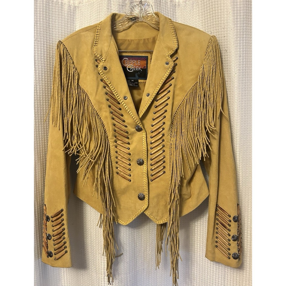 VTG Brown Leather Suede Western Fringe Jacket Womens M Boho Hippie Indie 90s Y2K
